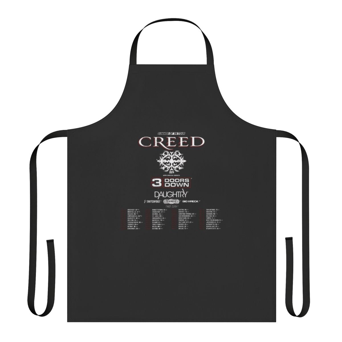 Creed-inspired summer apron with band logo and tour references