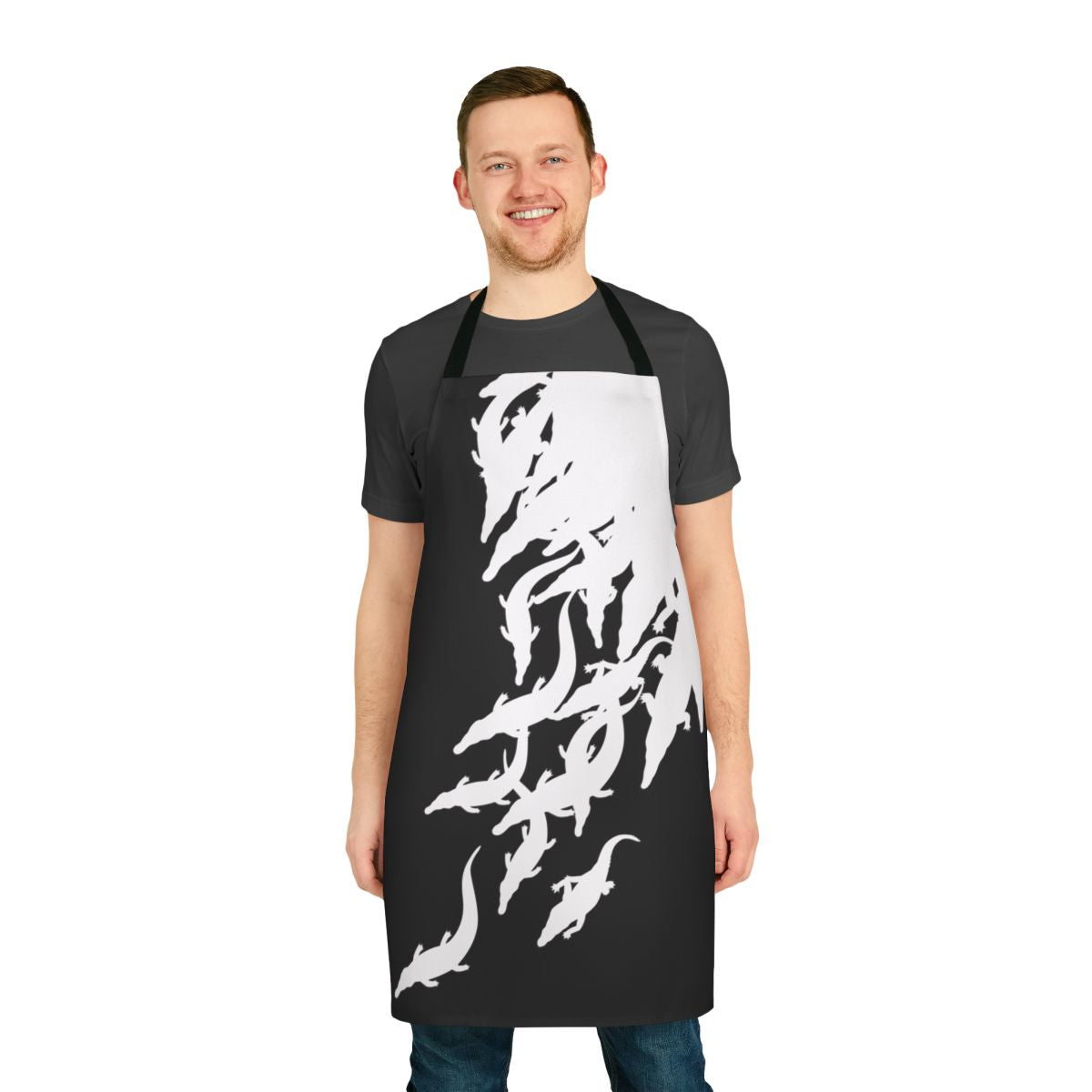 Black apron with realistic crocodile or alligator print design