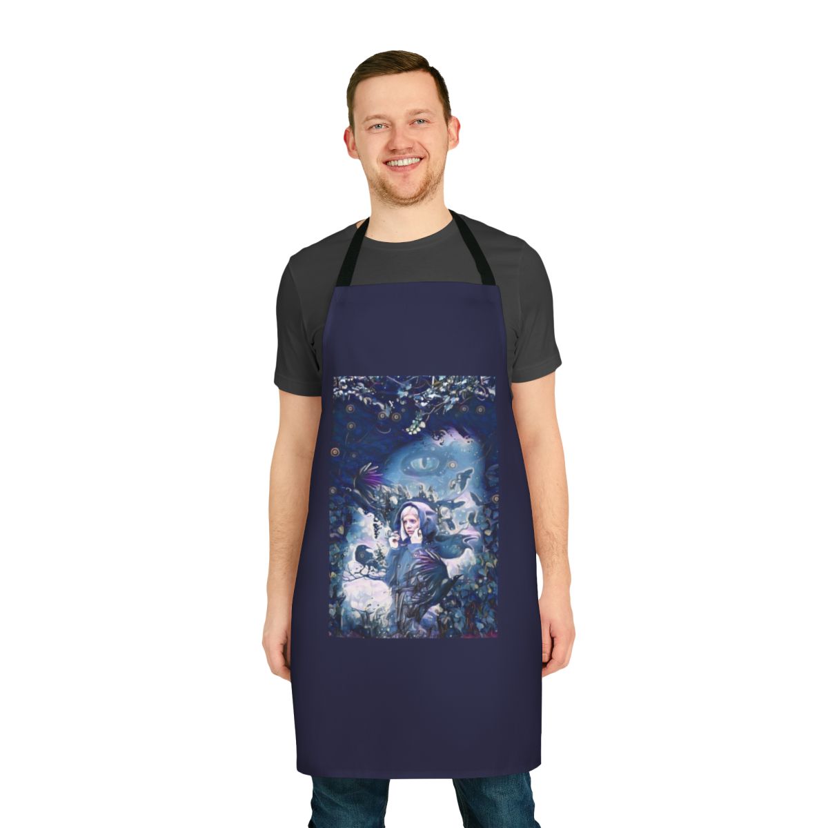 Crow-themed apron featuring the art and style of singer-songwriter Aurora Aksnes