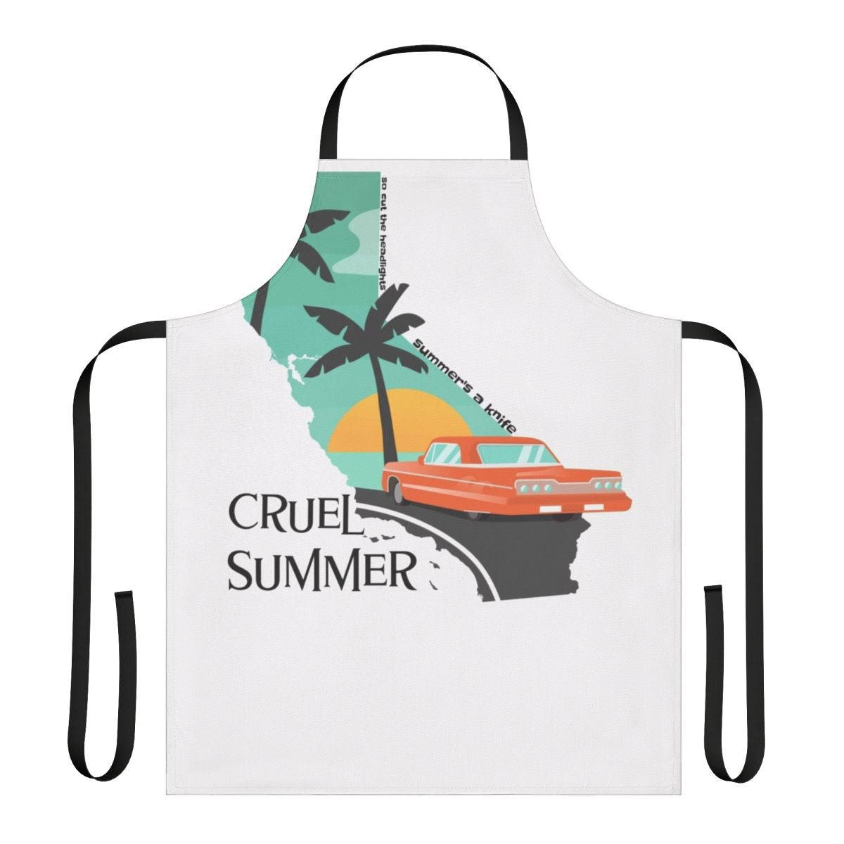 Cruel Summer-themed apron with cartoon elements and nature imagery