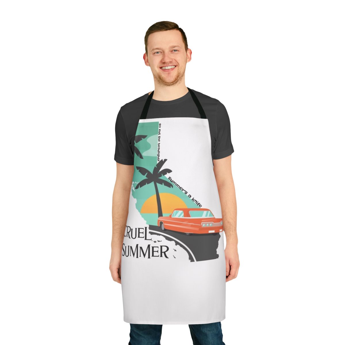 Cruel Summer-themed apron with cartoon elements and nature imagery