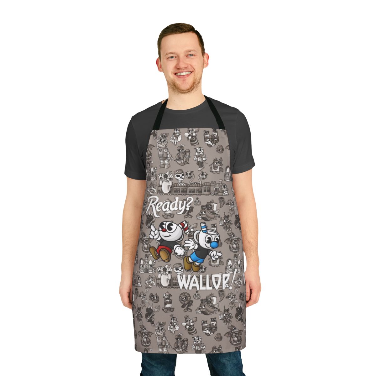A high-quality apron featuring the iconic Cup Head character design