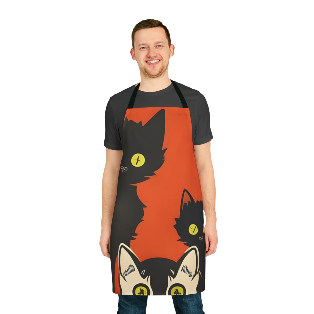 Curious cats apron with black, orange, and white Halloween design