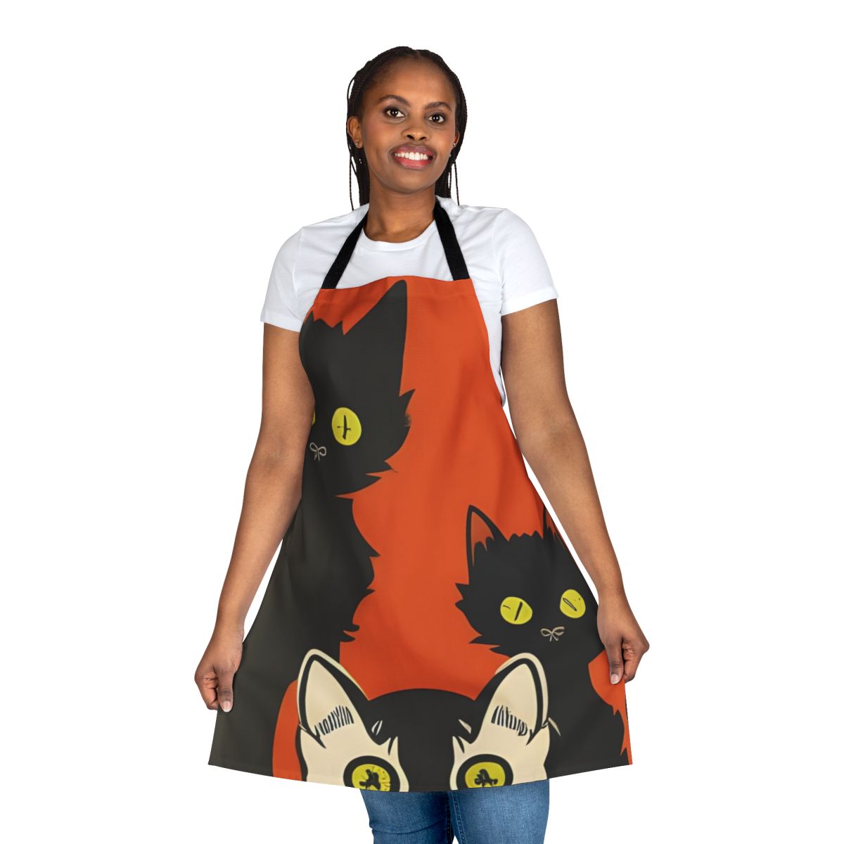 Curious cats apron with black, orange, and white Halloween design