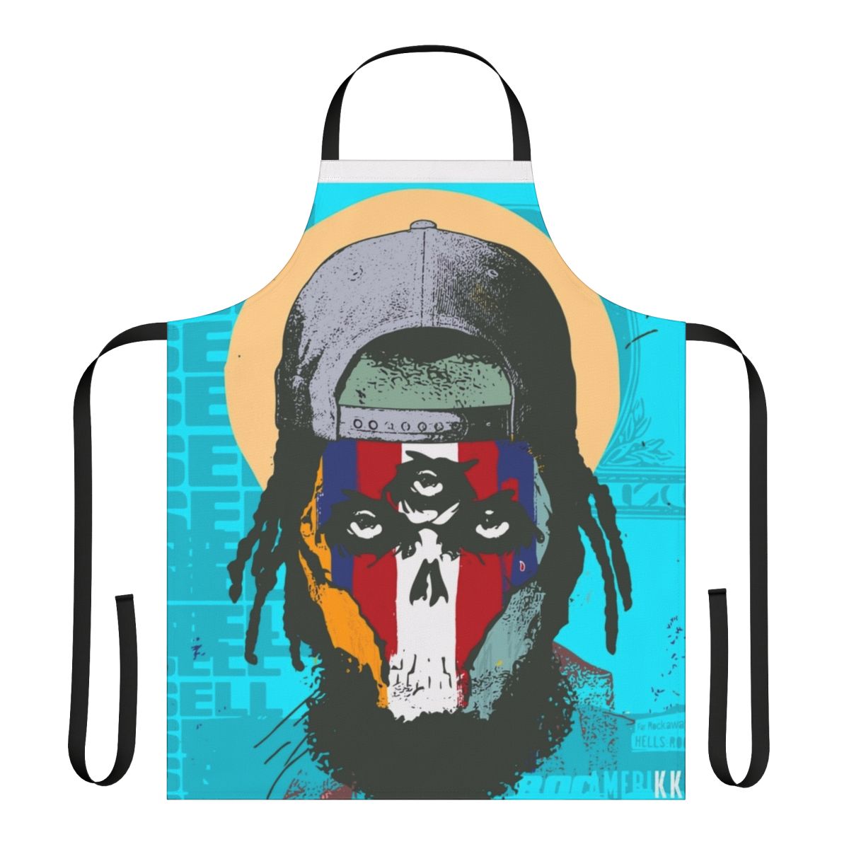 Image of a stylish custom apron with the Eto and Flee Lord of Rocamerikka design