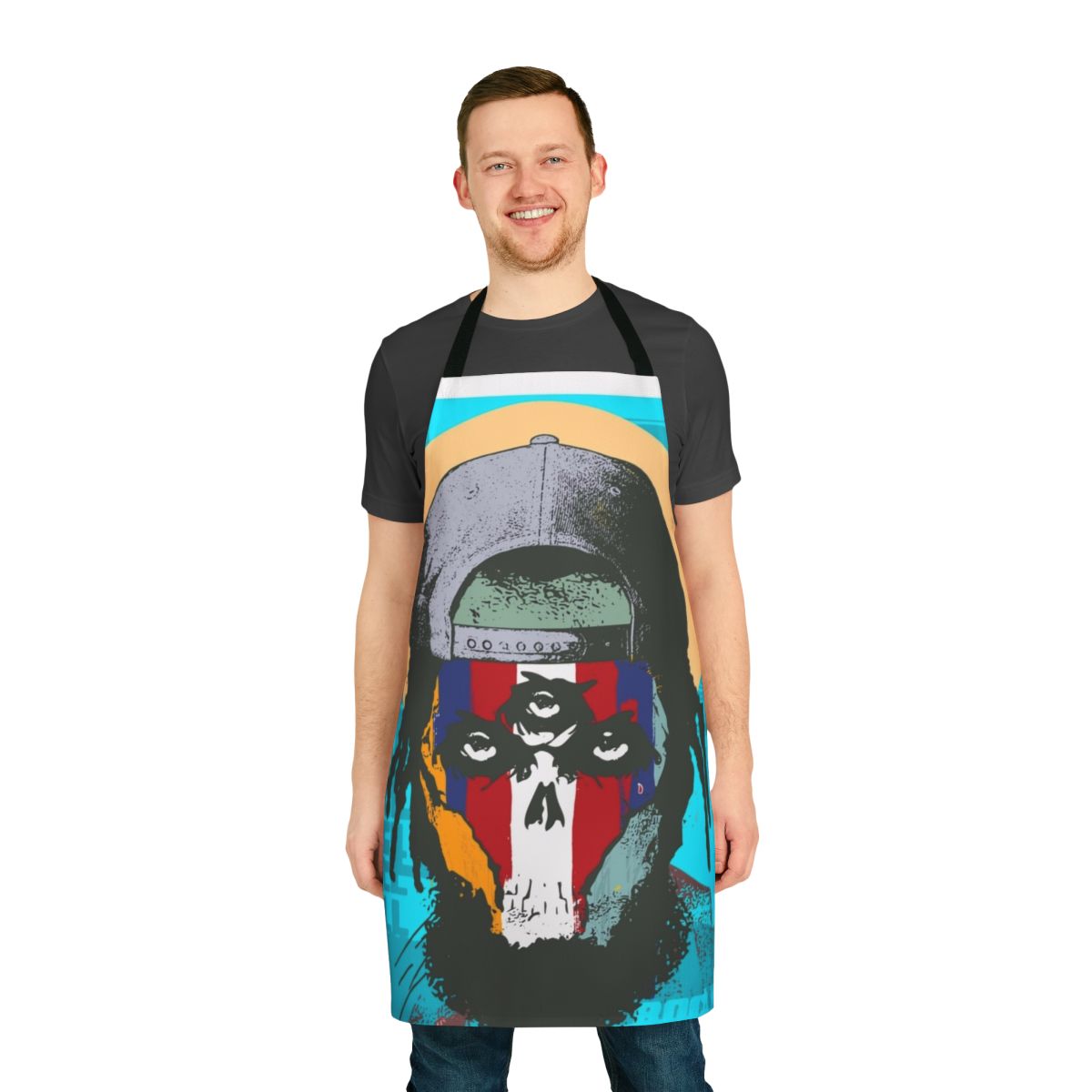 Image of a stylish custom apron with the Eto and Flee Lord of Rocamerikka design