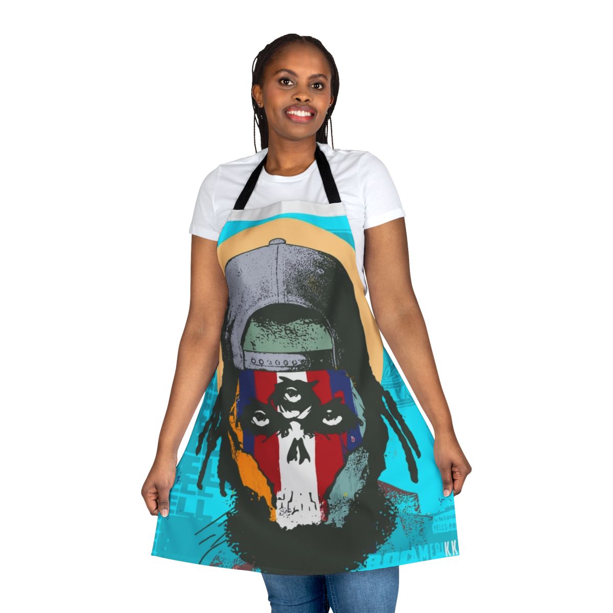 Image of a stylish custom apron with the Eto and Flee Lord of Rocamerikka design