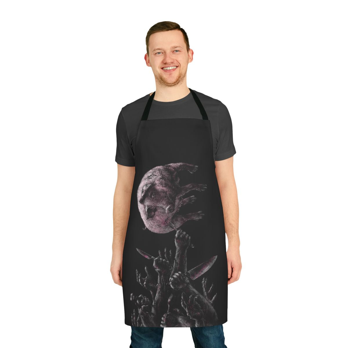 Stylish apron featuring cutlery, skulls, and animal-friendly designs
