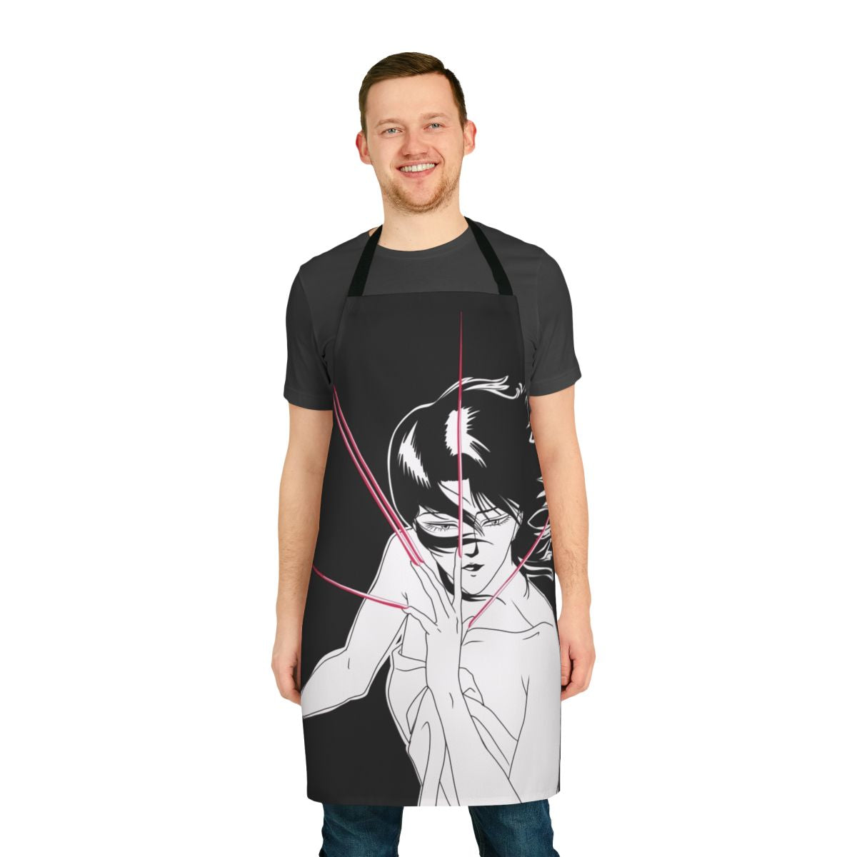 Cyberpunk-inspired apron with futuristic city skyline design