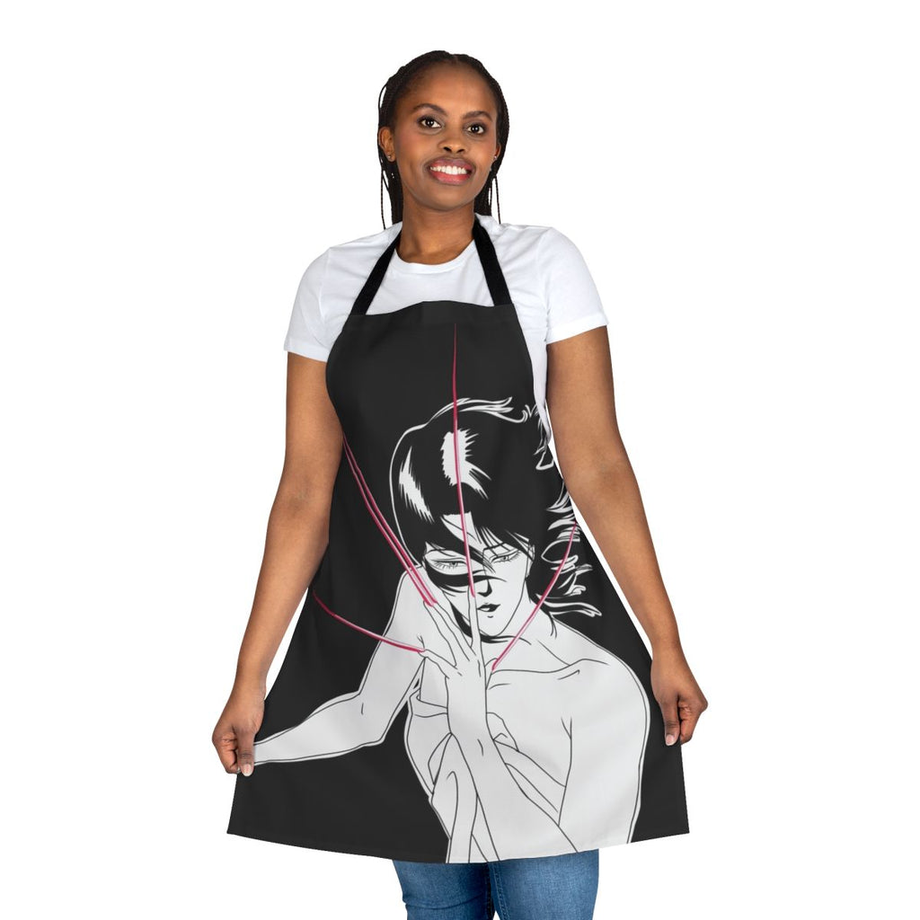 Cyberpunk-inspired apron with futuristic city skyline design