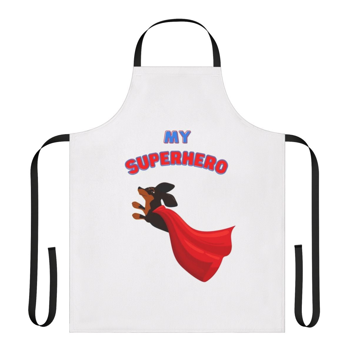 Dachshund wearing a superhero costume on a black and white apron