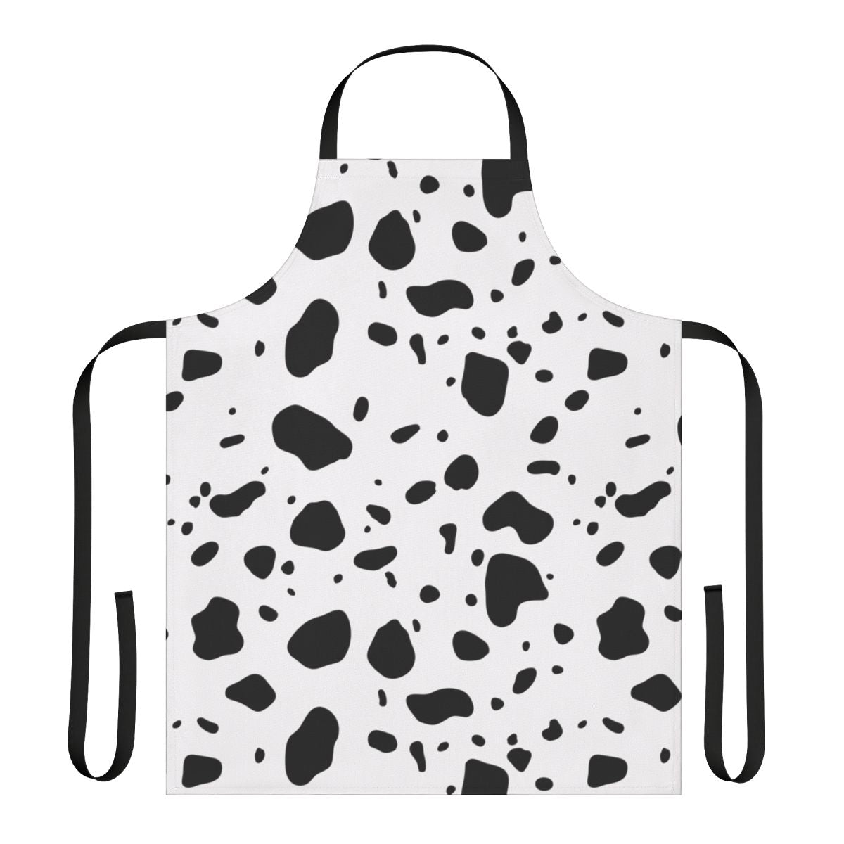 A black and white Dalmatian-patterned apron, perfect for the kitchen.