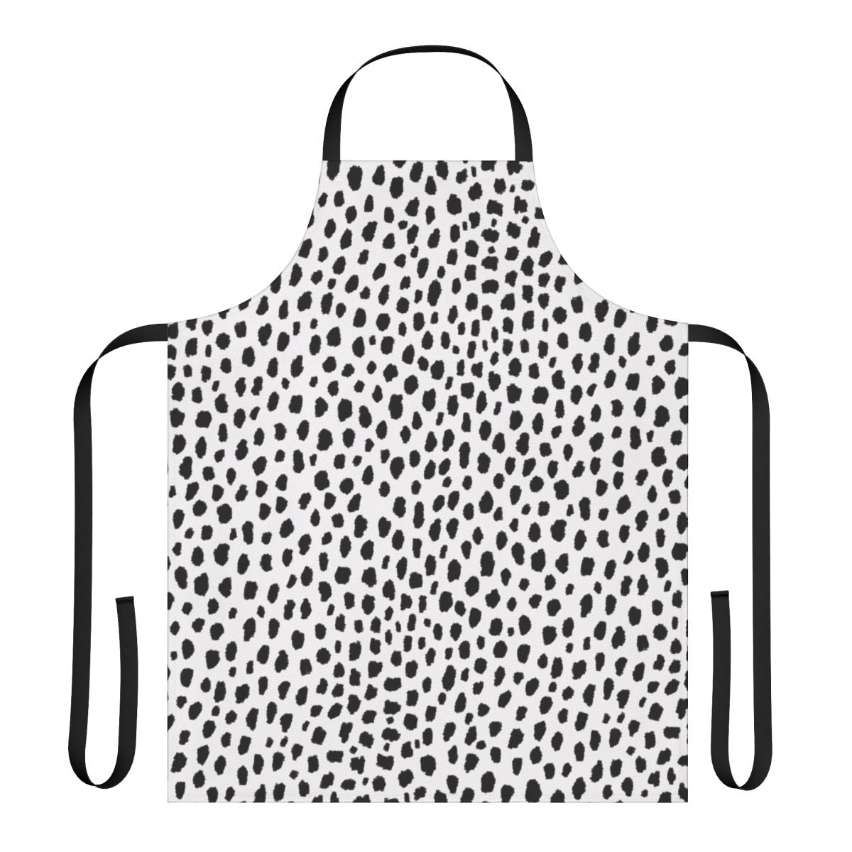 Black and white apron with a hand-drawn dalmatian spot pattern