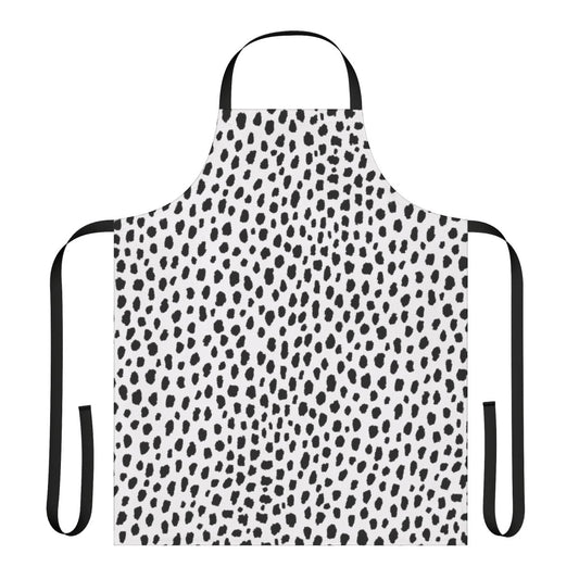 Black and white apron with a hand-drawn dalmatian spot pattern