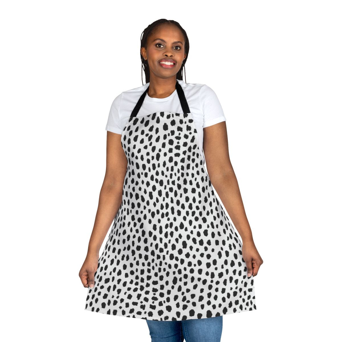 Black and white apron with a hand-drawn dalmatian spot pattern