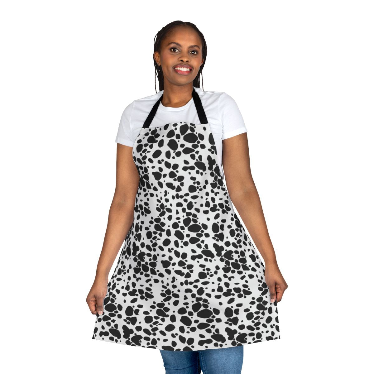 Dalmatian print apron with a unique black and white spotted design
