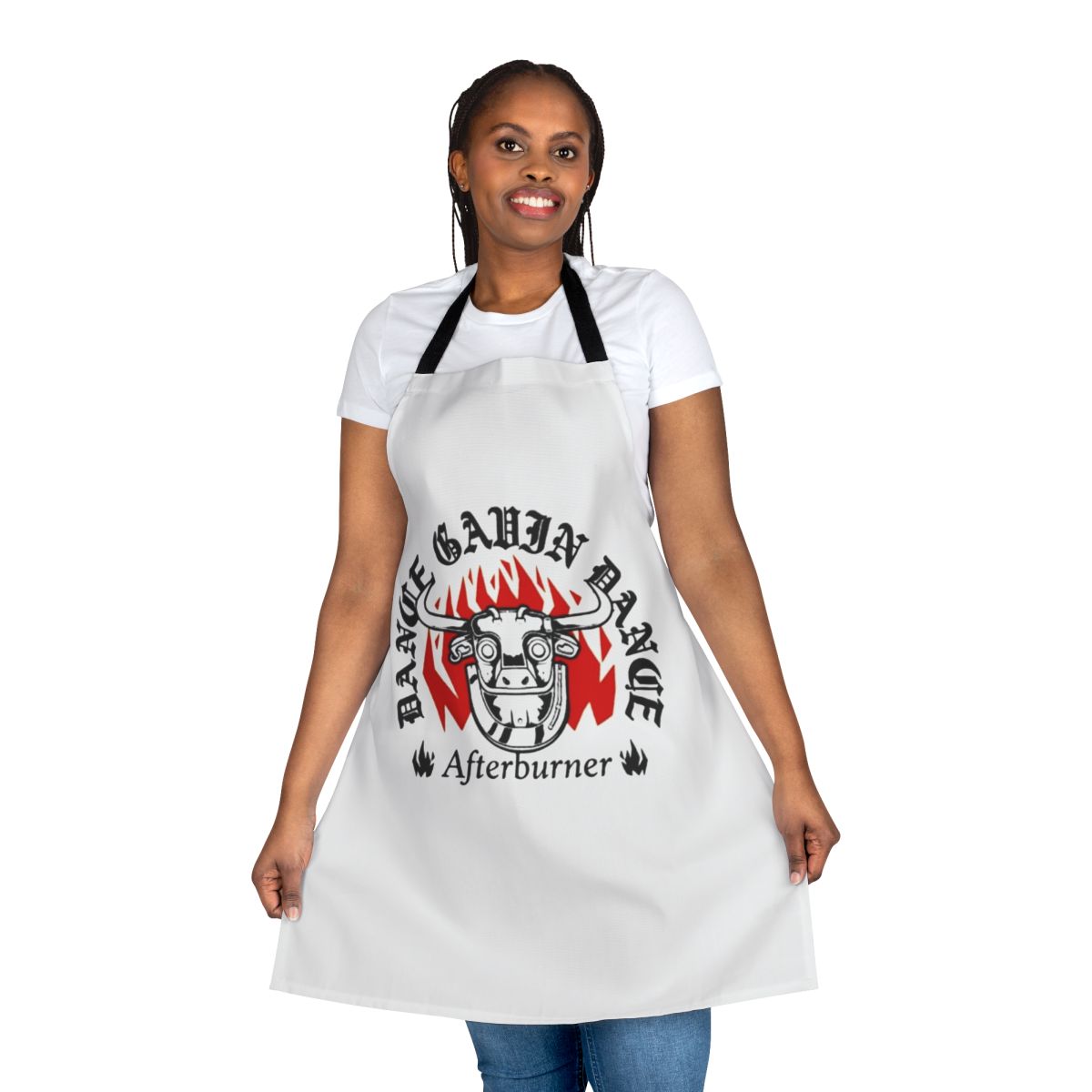 Dance Gavin Dance-themed apron with bold graphic design