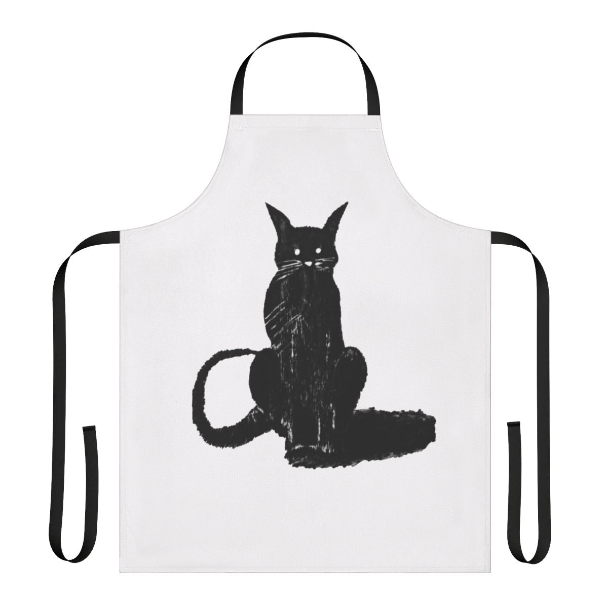 A dark-colored apron featuring an image of a mysterious and captivating black cat