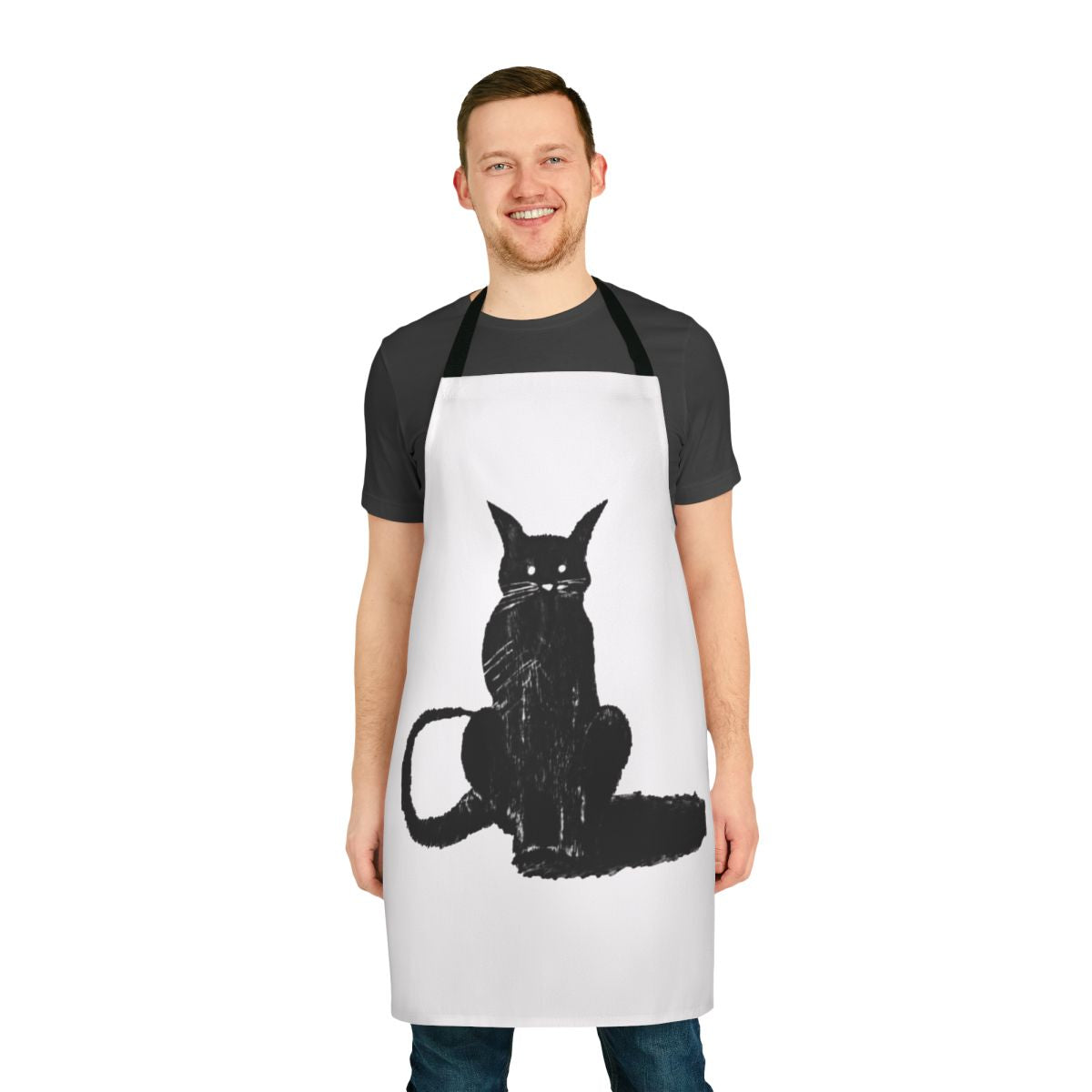 A dark-colored apron featuring an image of a mysterious and captivating black cat