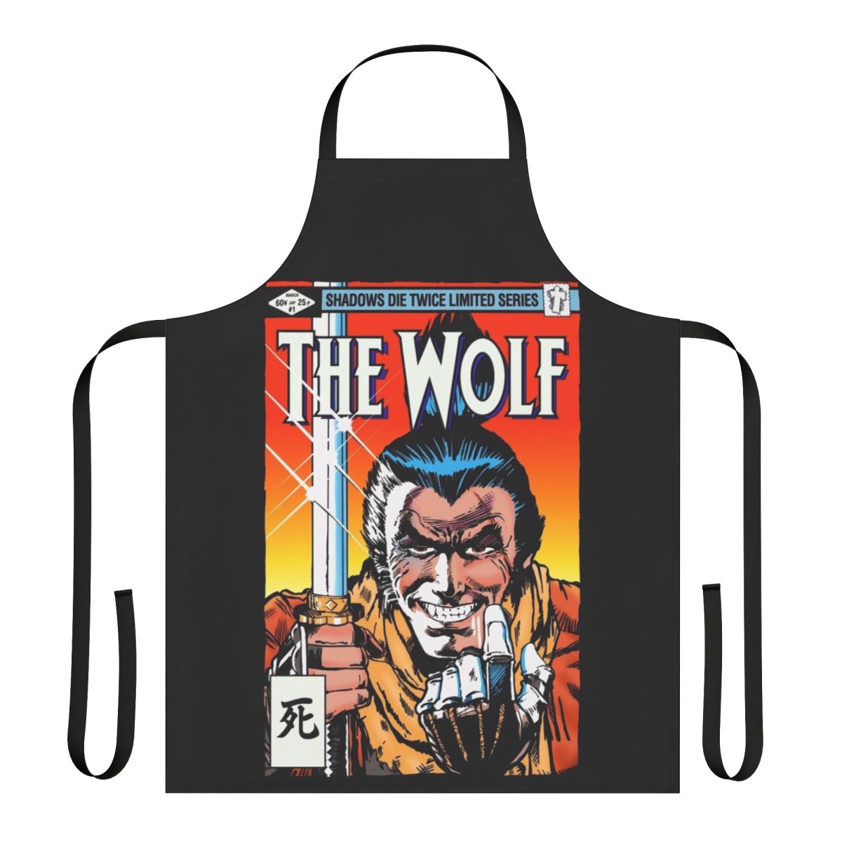 Dark fantasy-inspired apron with anime-style samurai and ninja design