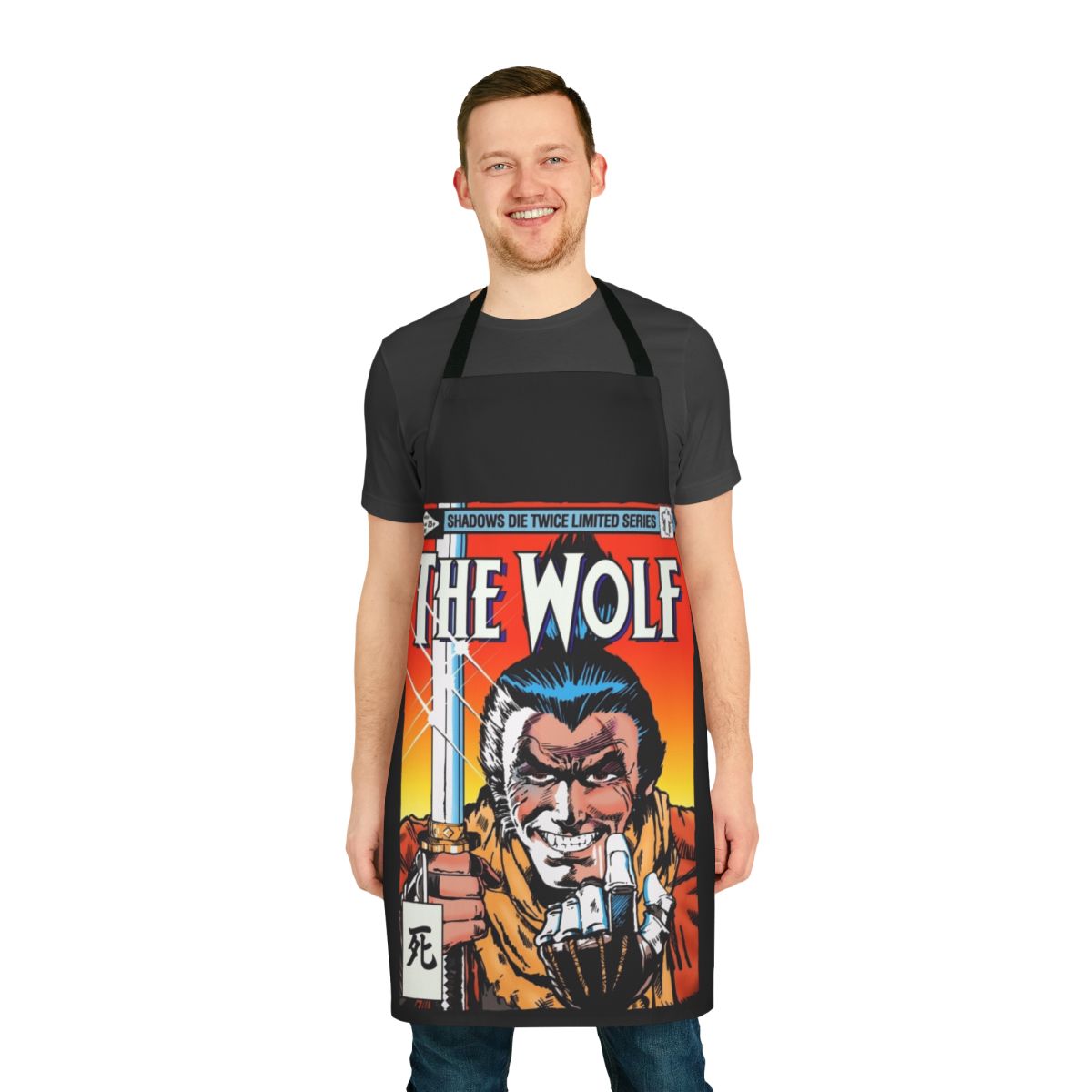 Dark fantasy-inspired apron with anime-style samurai and ninja design