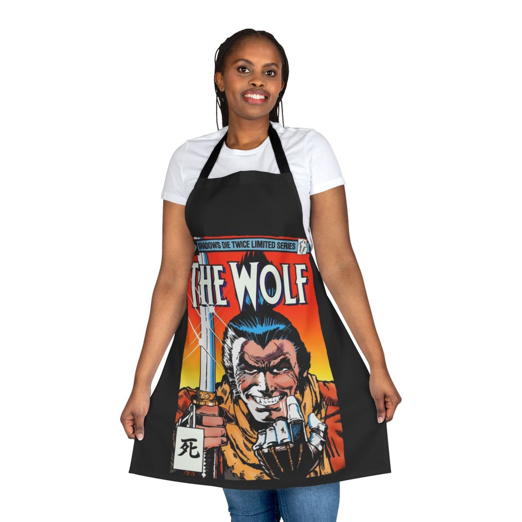 Dark fantasy-inspired apron with anime-style samurai and ninja design
