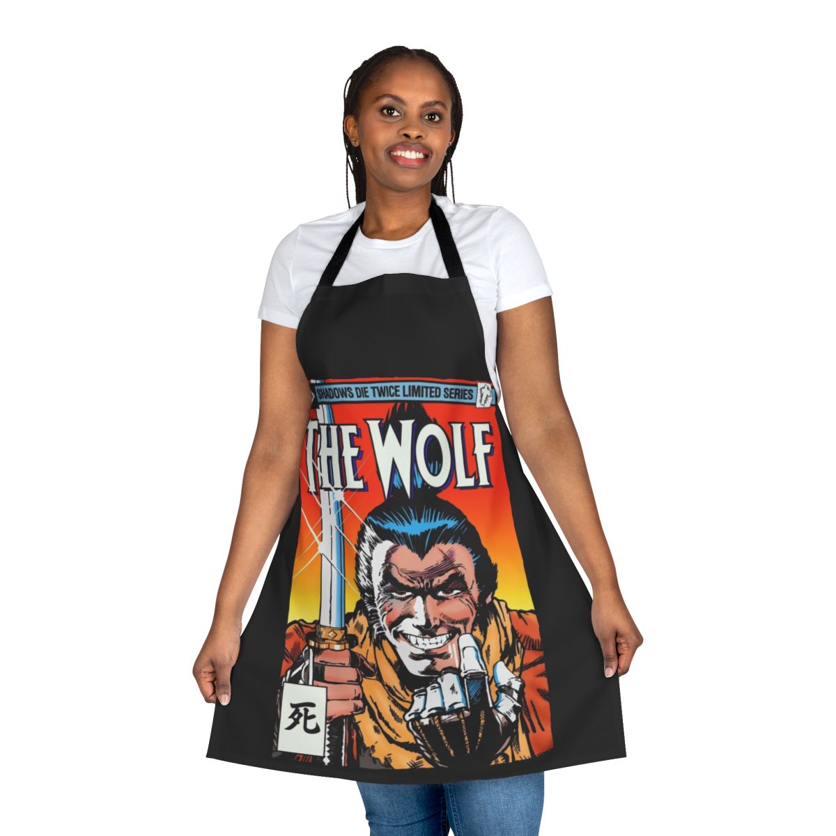 Dark fantasy-inspired apron with anime-style samurai and ninja design