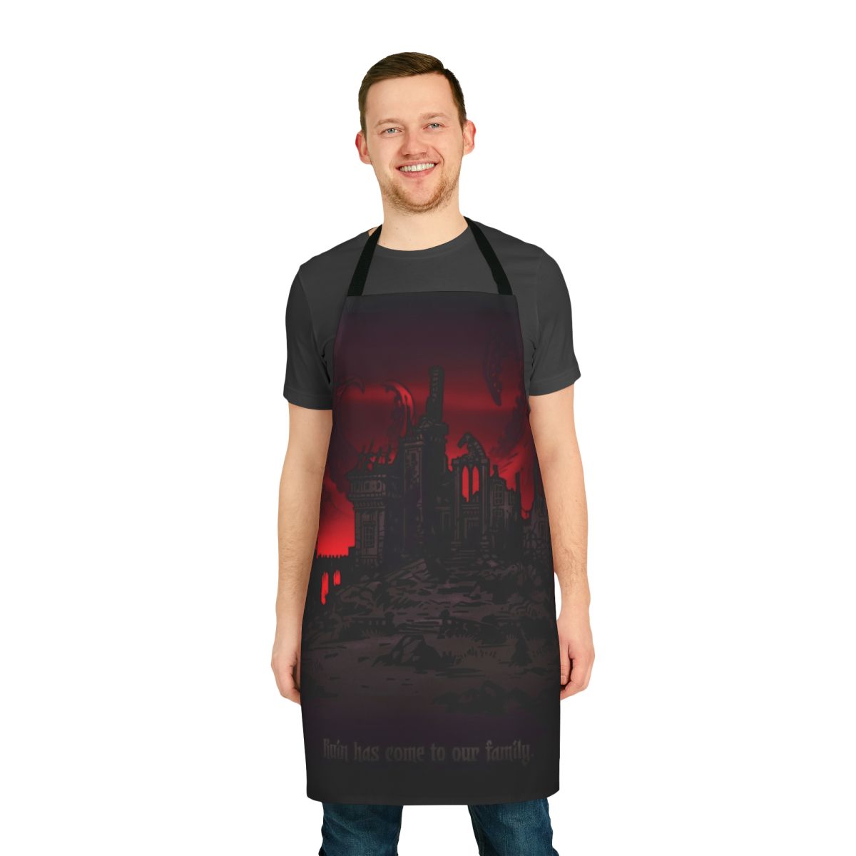 A stylish dark fantasy-inspired apron featuring gothic and Lovecraftian design elements.
