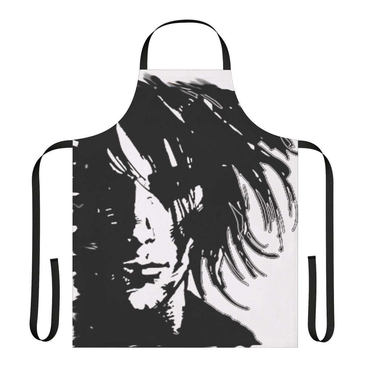 An apron featuring a black and white shadow design, inspired by the Lord of the Dream universe from Neil Gaiman's works.