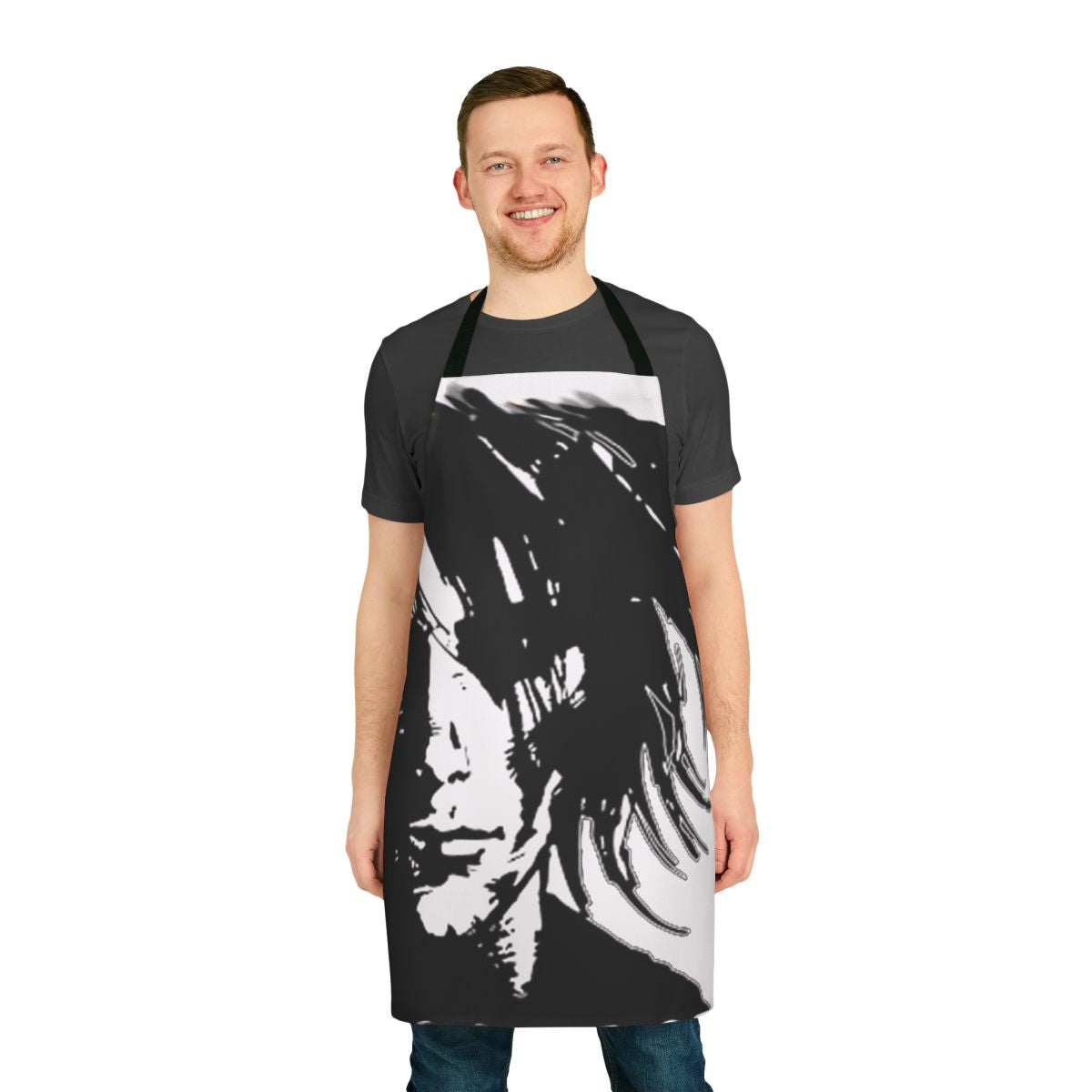 An apron featuring a black and white shadow design, inspired by the Lord of the Dream universe from Neil Gaiman's works.