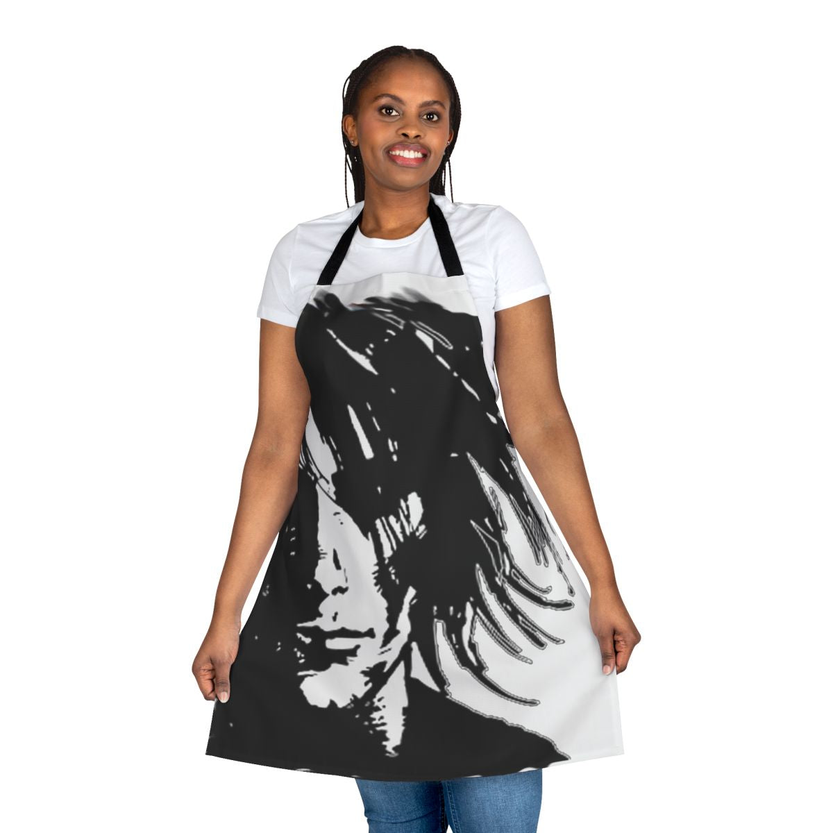 An apron featuring a black and white shadow design, inspired by the Lord of the Dream universe from Neil Gaiman's works.