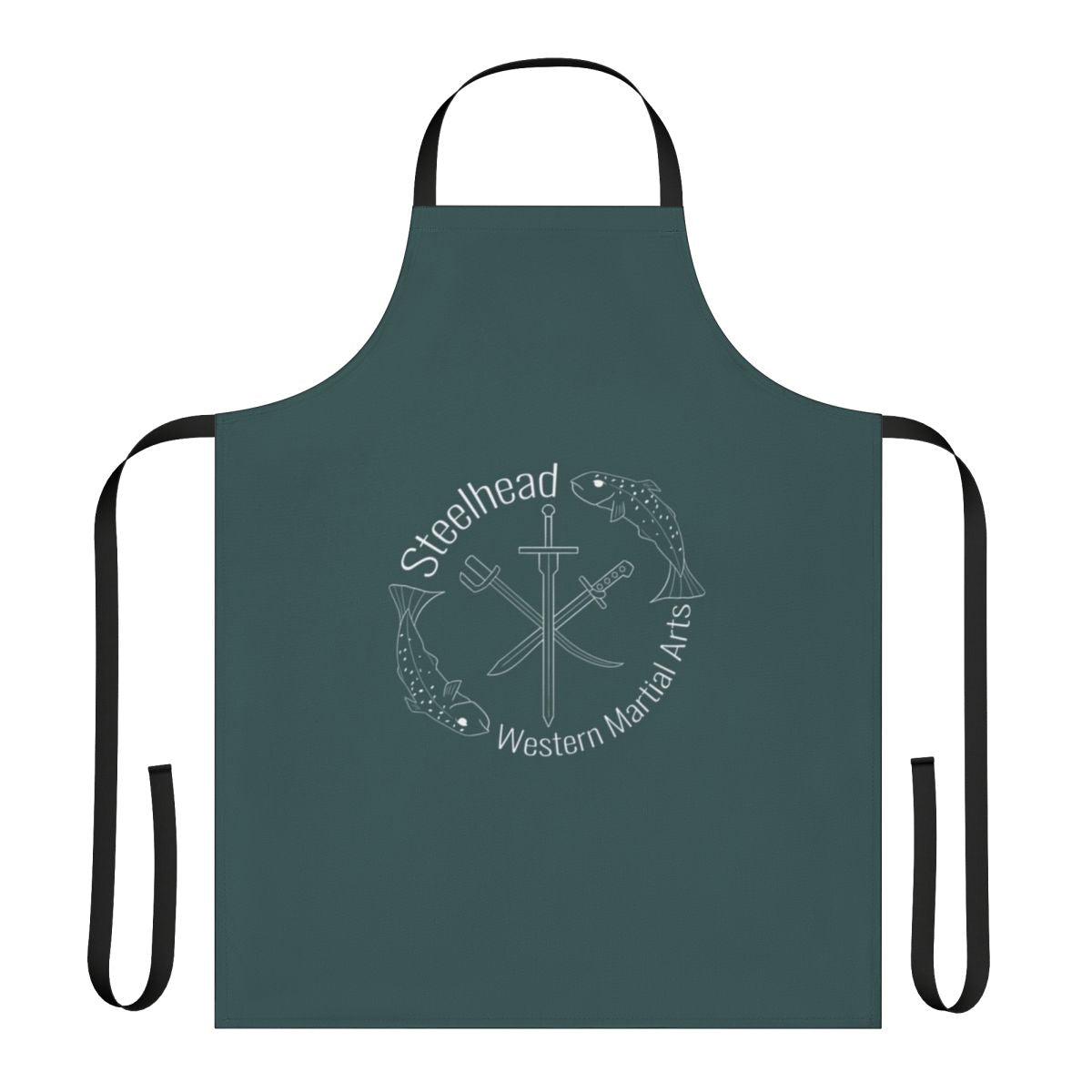 Dark gray apron with steelhead river logo design