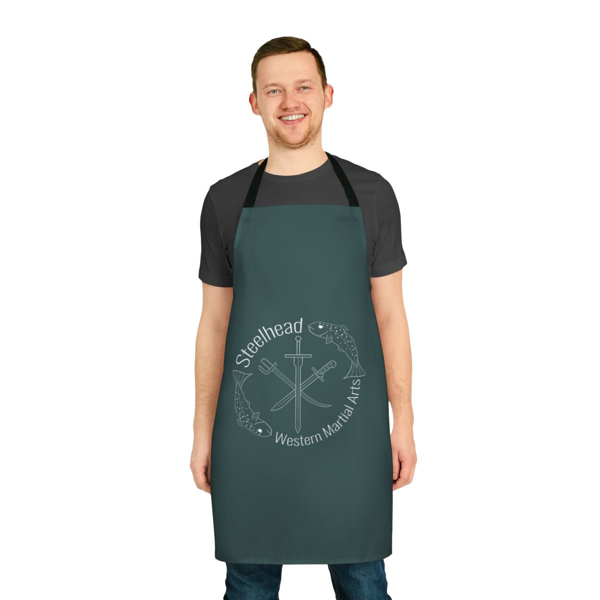 Dark gray apron with steelhead river logo design