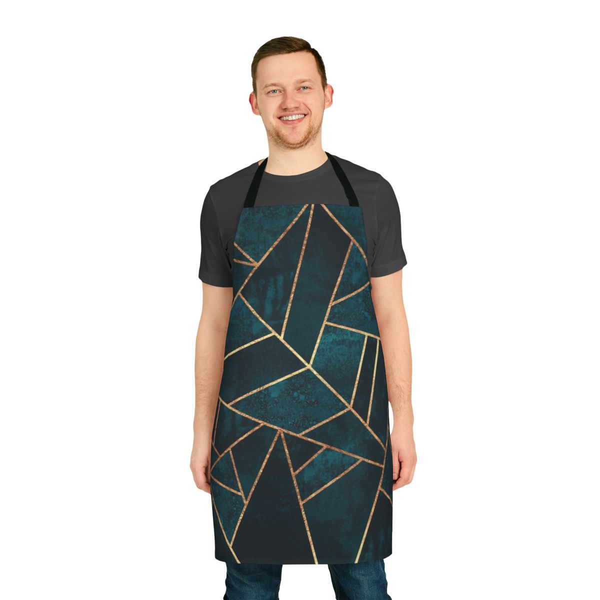 Dark teal apron with abstract geometric pattern