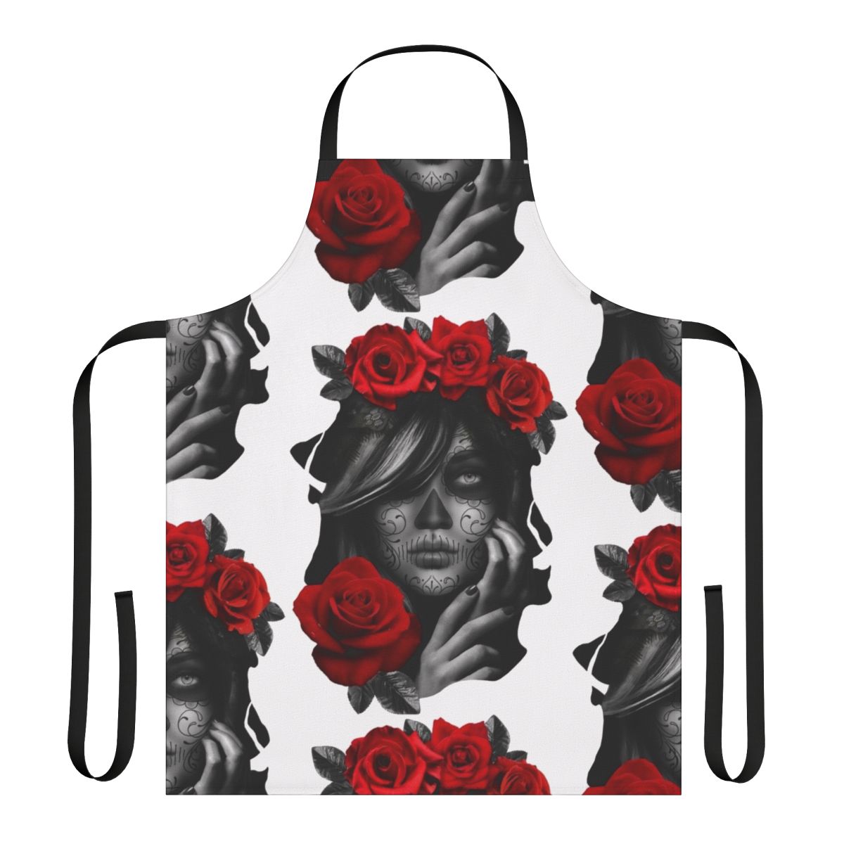 Day of the Dead inspired woman's apron with floral and skull design