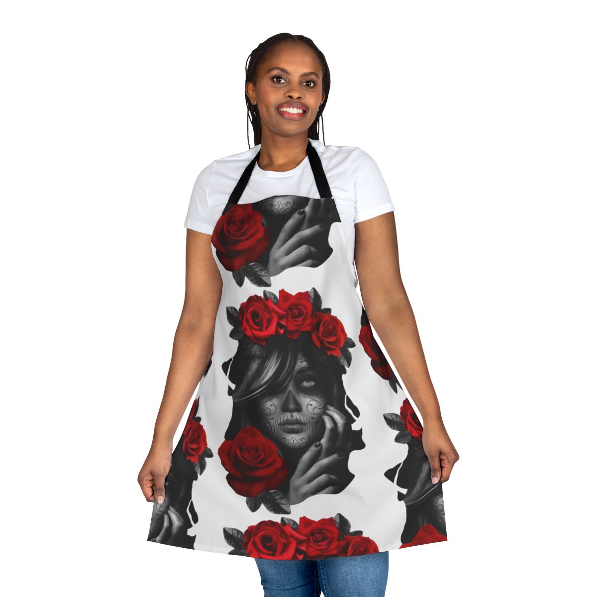 Day of the Dead inspired woman's apron with floral and skull design