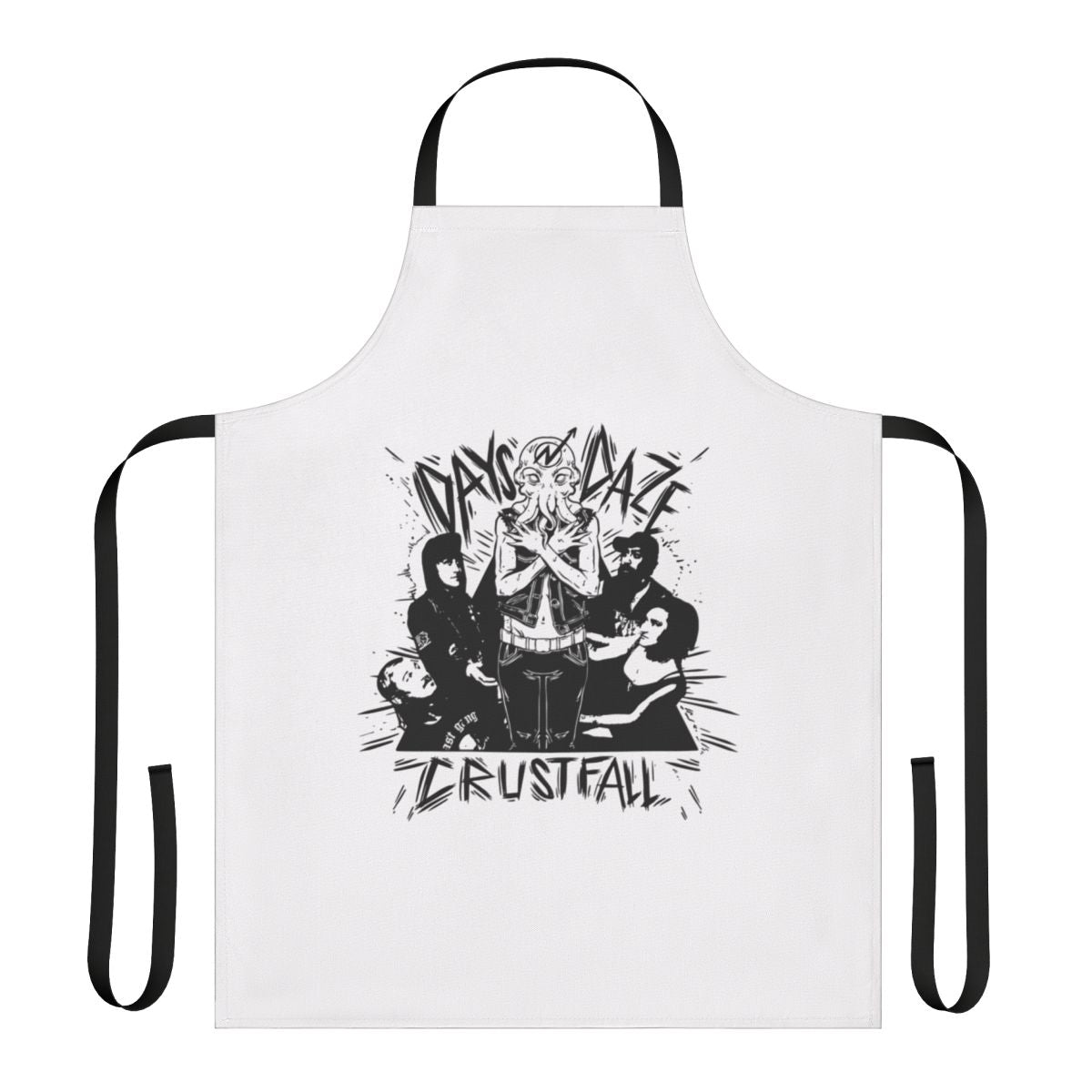 Days N Crustfall inspired kitchen apron featuring iconic musical genres and subcultures