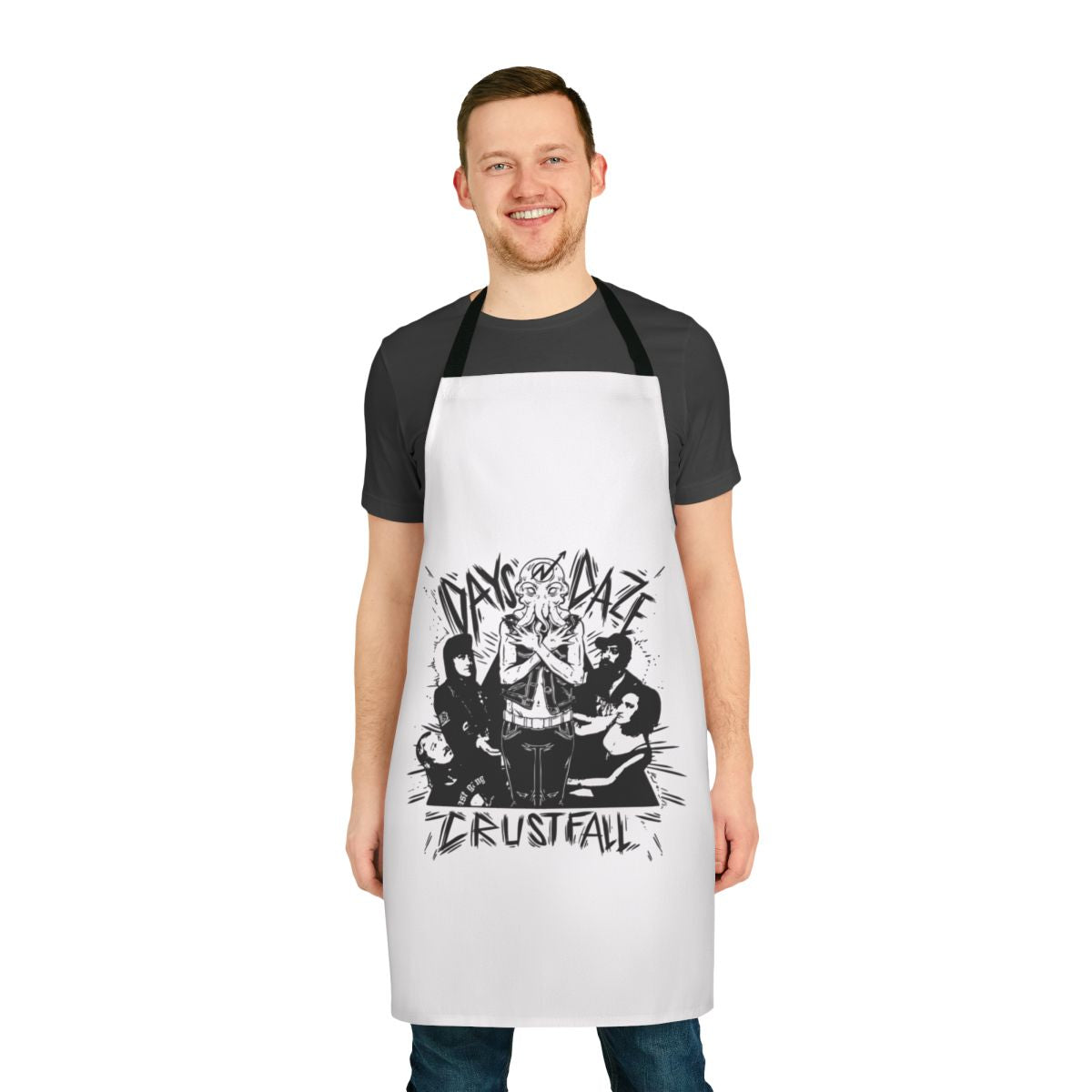 Days N Crustfall inspired kitchen apron featuring iconic musical genres and subcultures