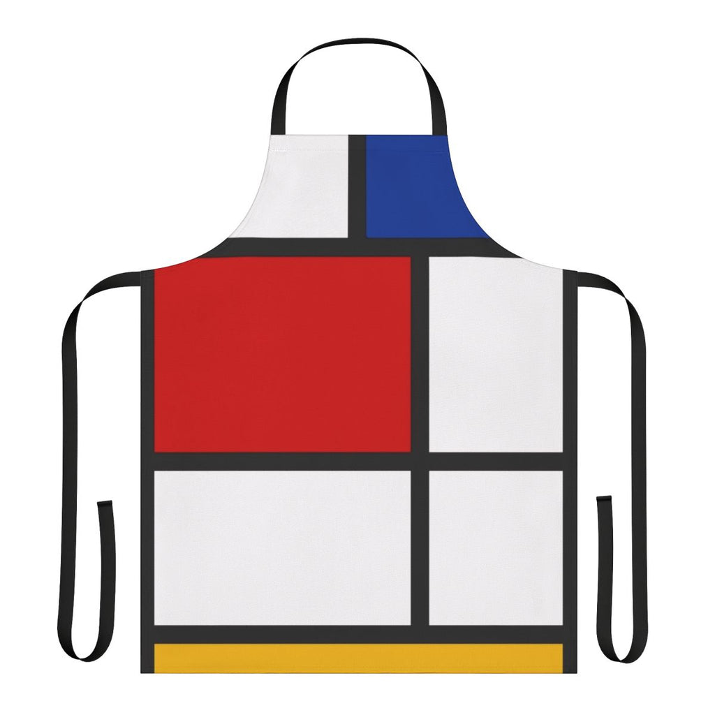 De Stijl-inspired apron with Mondrian-style primary color blocks and geometric lines