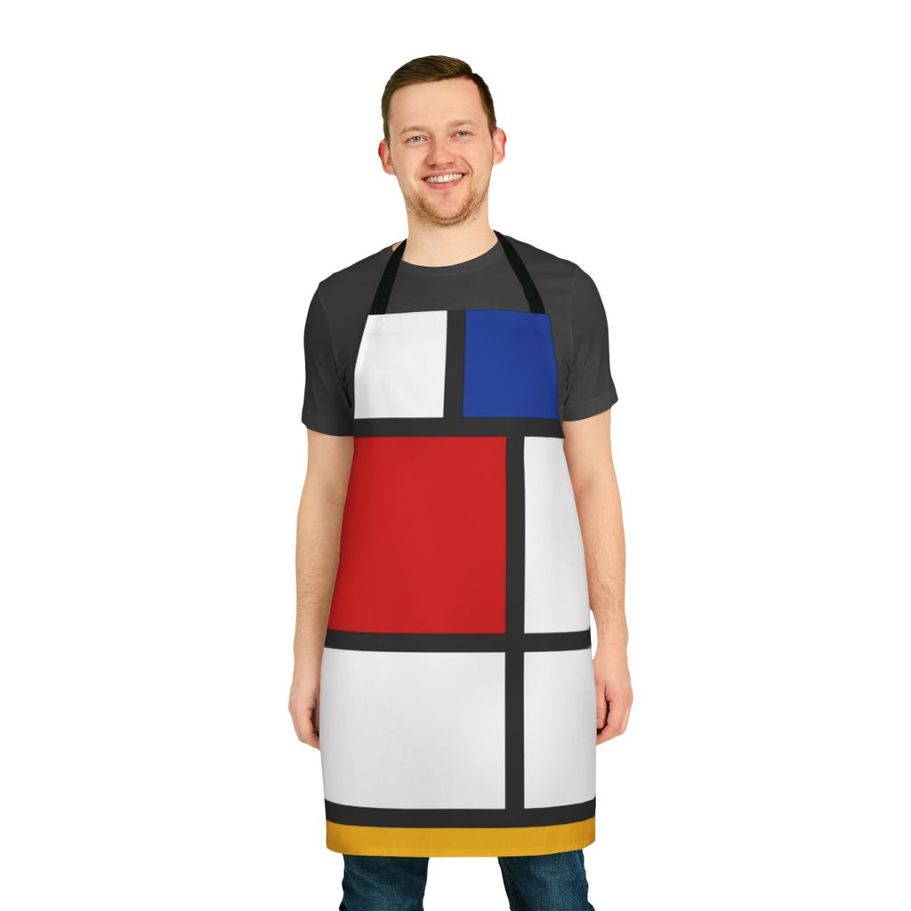 De Stijl-inspired apron with Mondrian-style primary color blocks and geometric lines