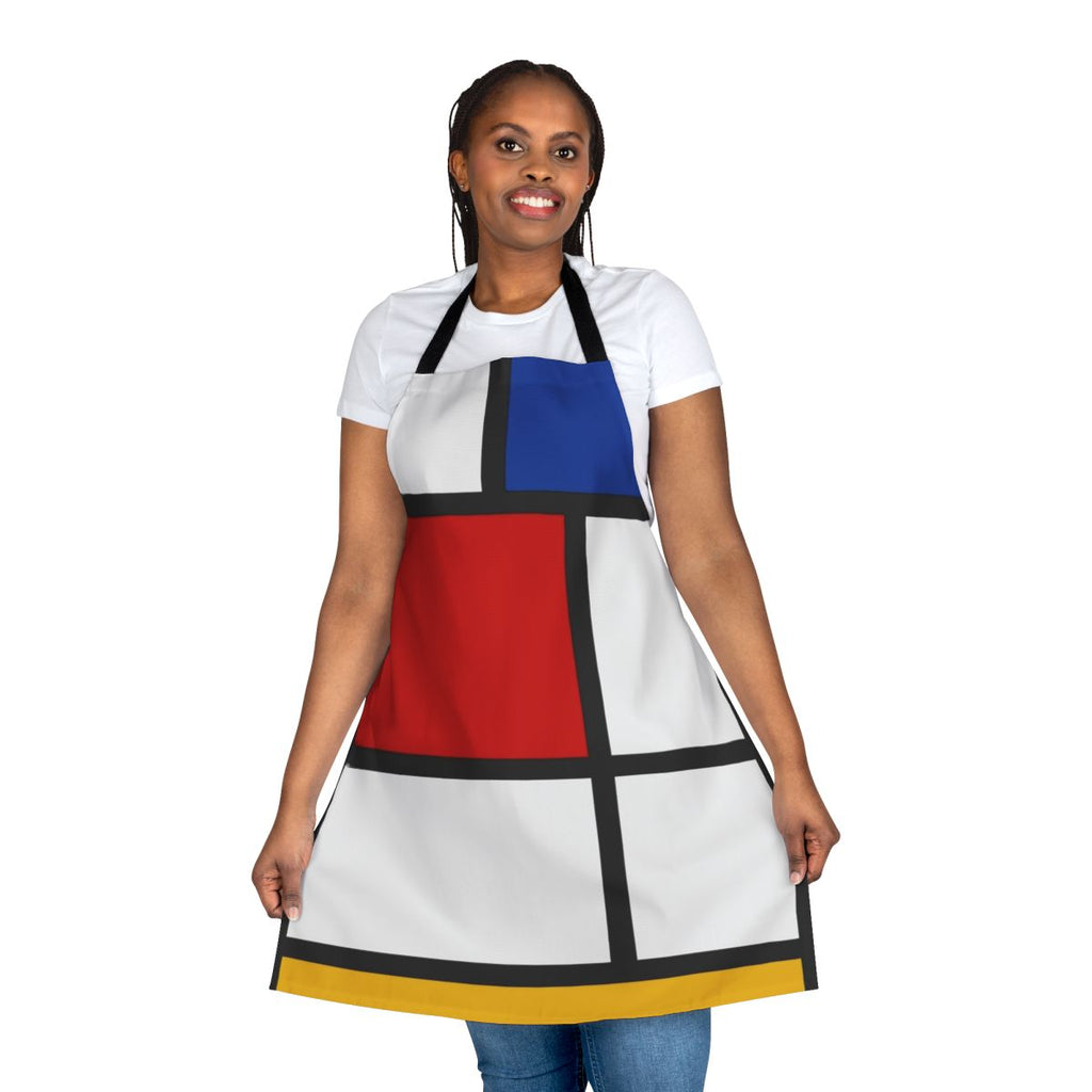 De Stijl-inspired apron with Mondrian-style primary color blocks and geometric lines