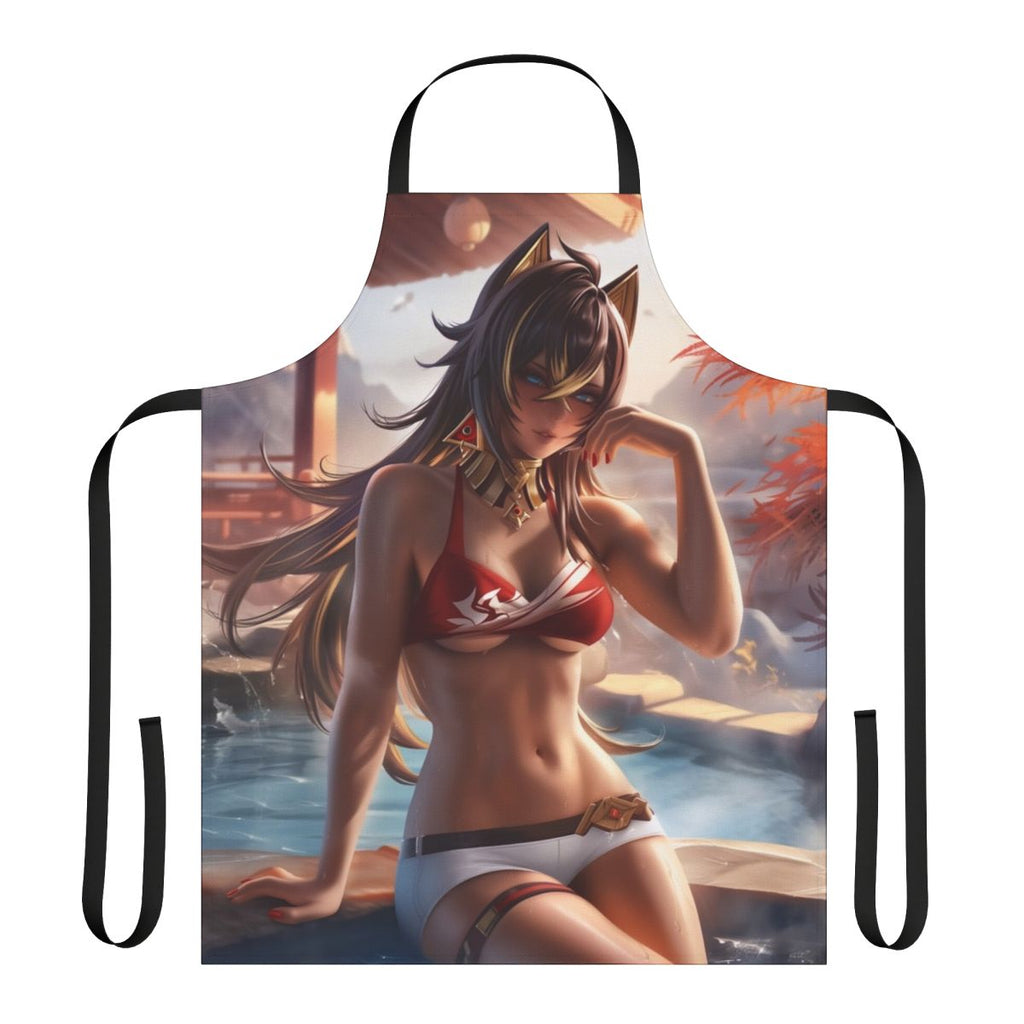 Stylish apron featuring an anime girl character in a hot spring setting