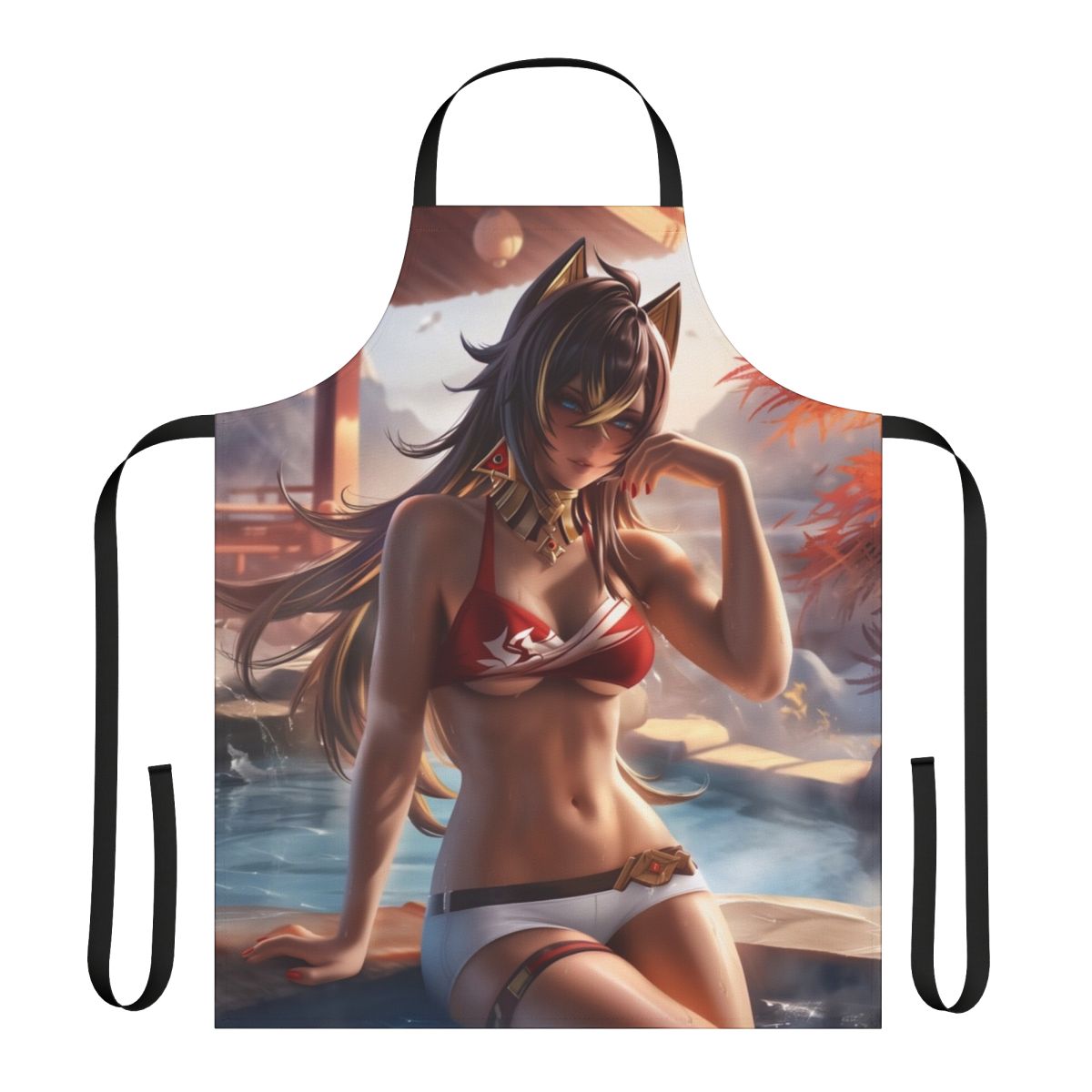 Stylish apron featuring an anime girl character in a hot spring setting