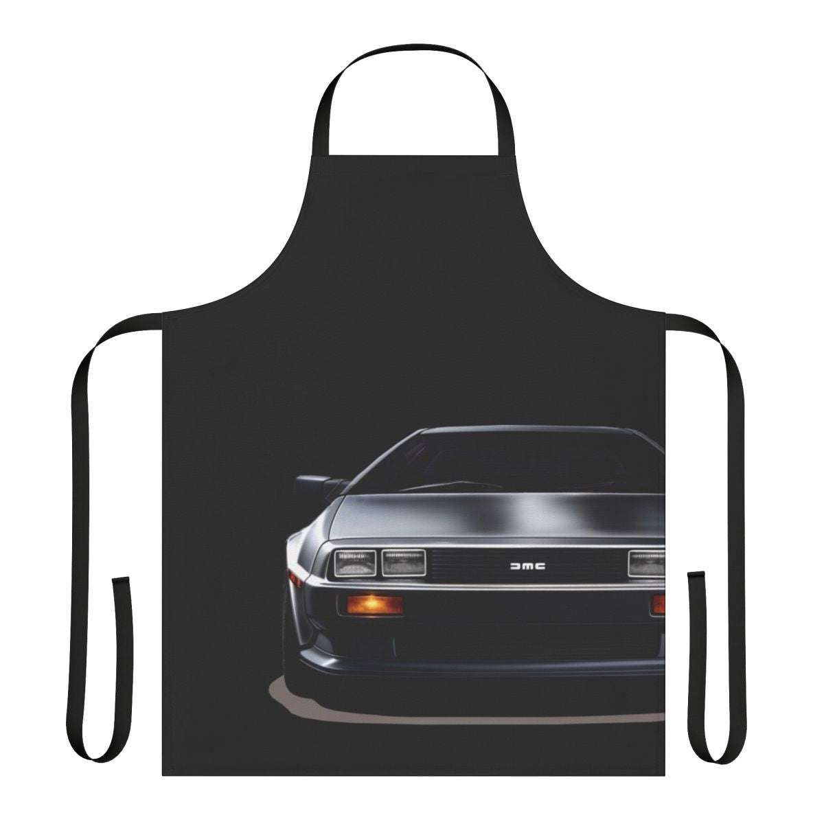 Delorean-themed apron featuring sleek, high-quality automotive design