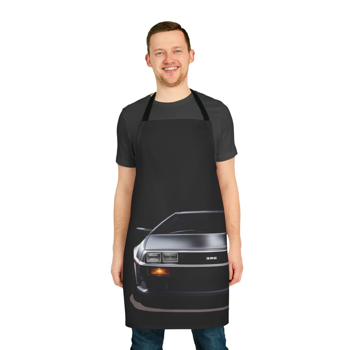 Delorean-themed apron featuring sleek, high-quality automotive design