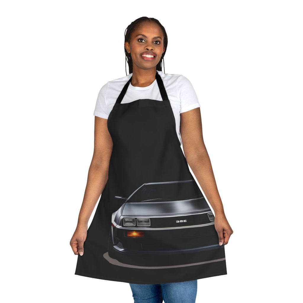 Delorean-themed apron featuring sleek, high-quality automotive design