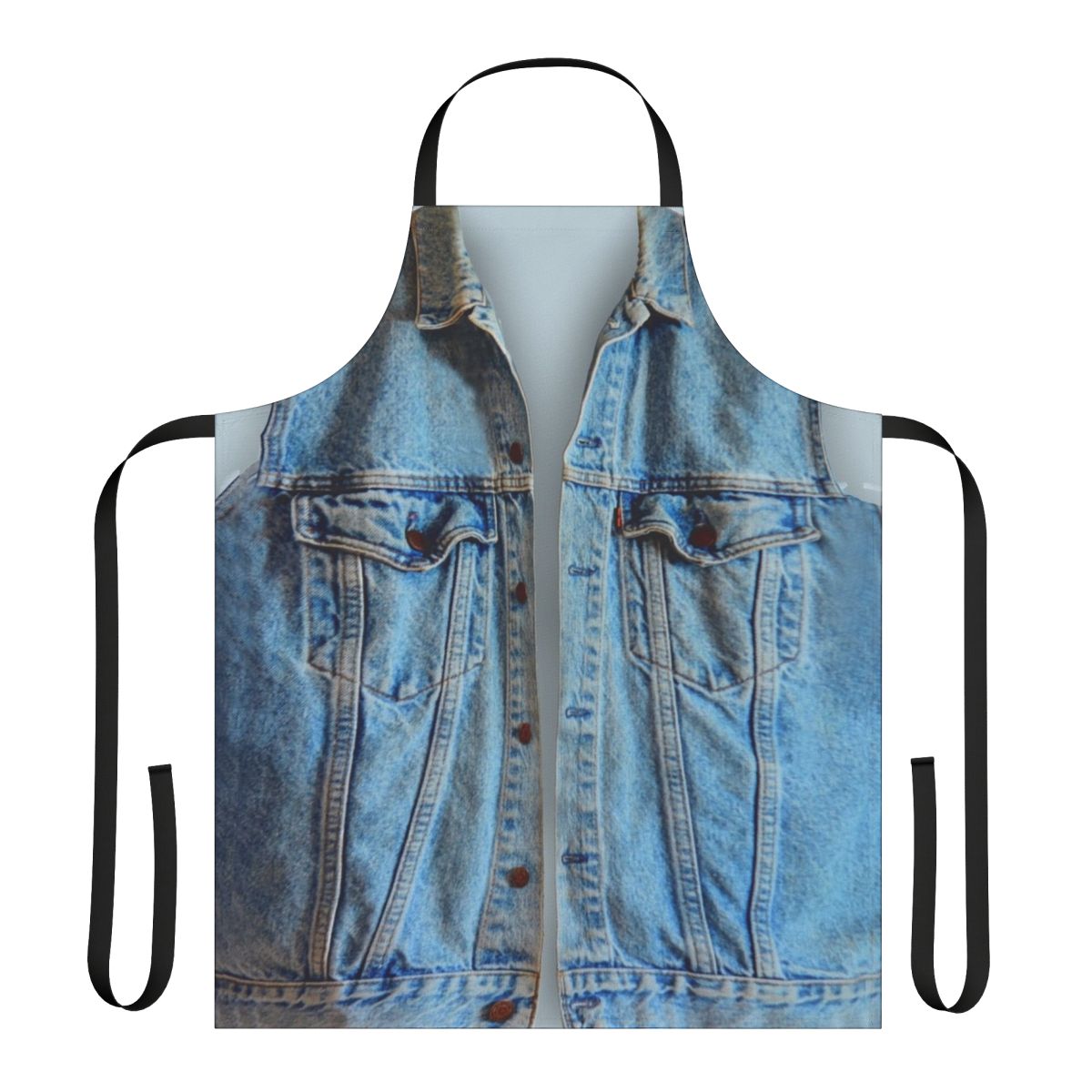 Model wearing a blue denim apron with pockets, perfect for cooking, crafting, and DIY projects.