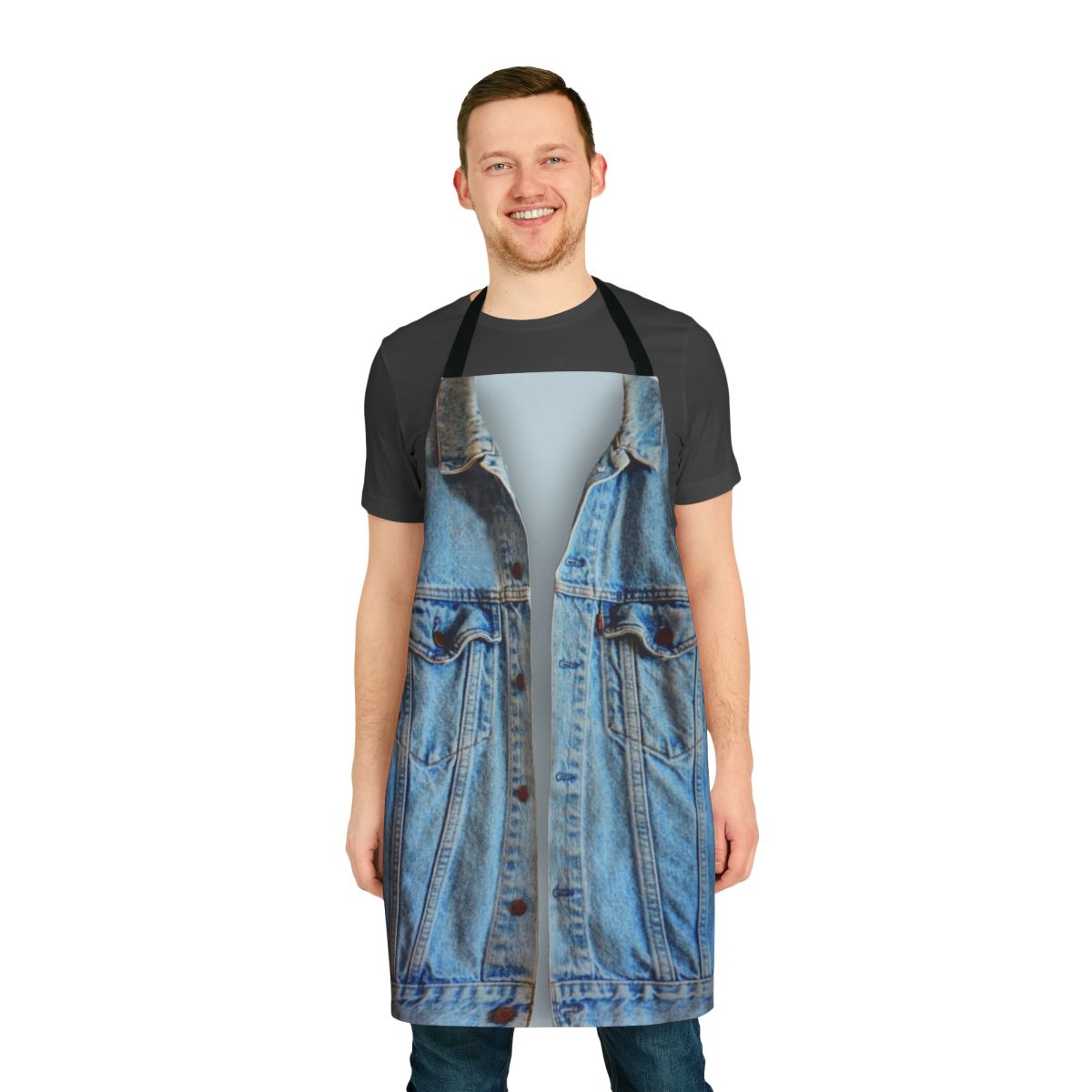 Model wearing a blue denim apron with pockets, perfect for cooking, crafting, and DIY projects.