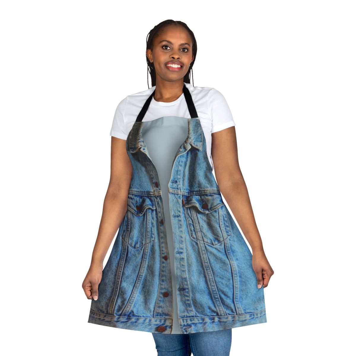 Model wearing a blue denim apron with pockets, perfect for cooking, crafting, and DIY projects.