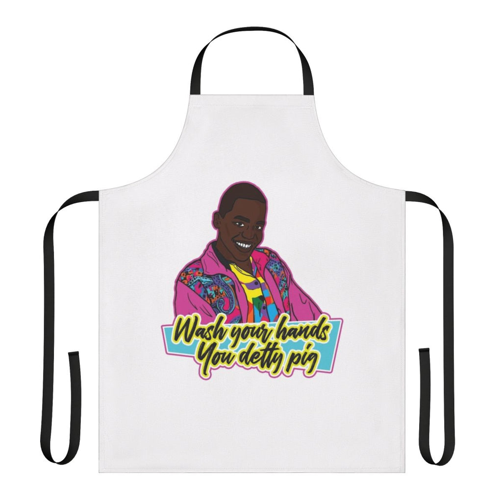 Apron featuring the text "Wash your hands you detty pig" inspired by the Netflix series Sex Education